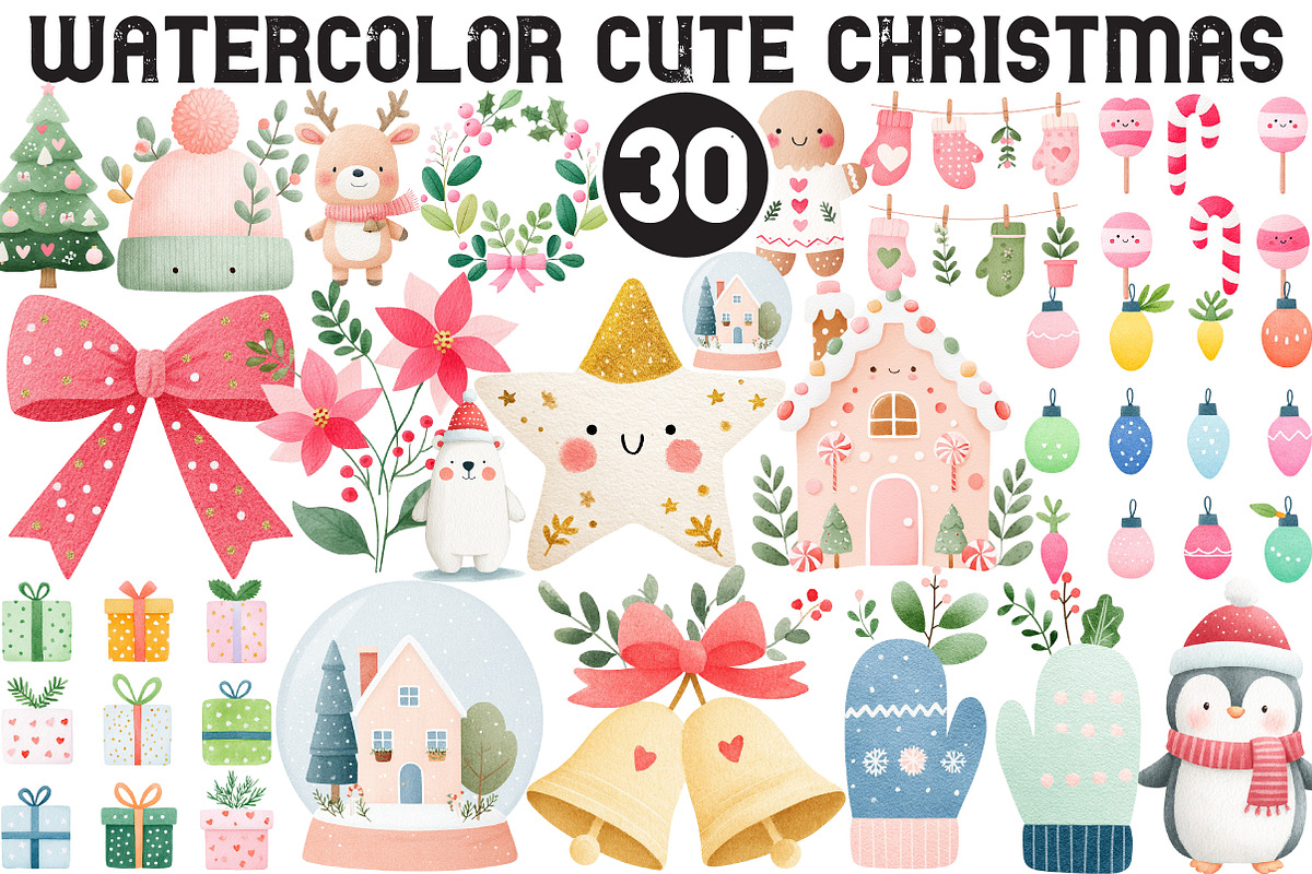Watercolor Cute Christmas Clipart, an Illustration by Black Bird Studio (Photo 1 of 6)
