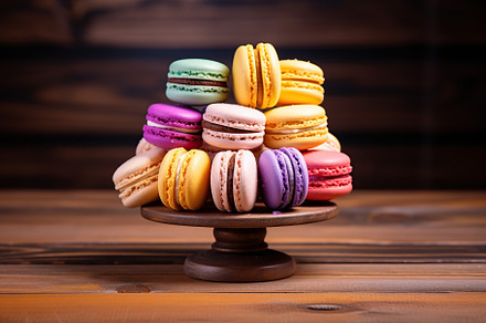 Colorful macarons dessert on wooden background, a Food & Drink Photo by AlyaAnd