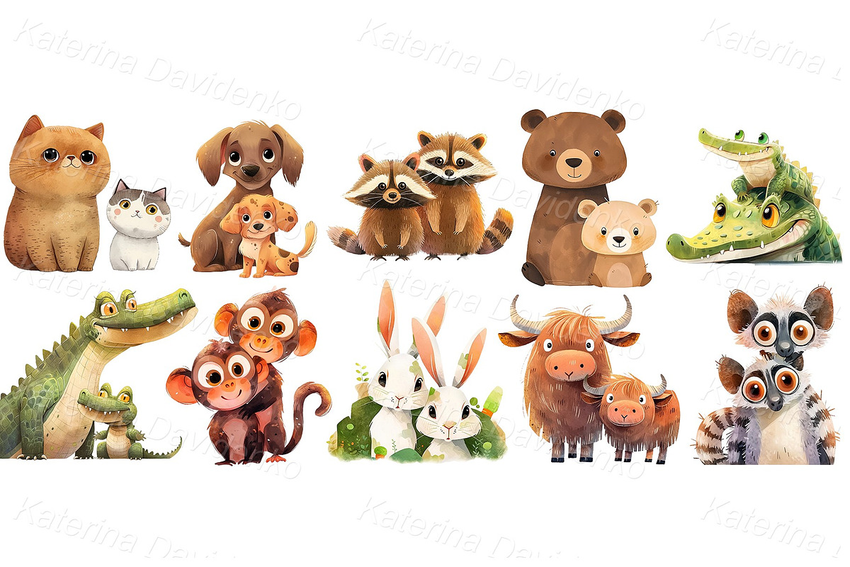 Watercolor cartoon animals bundle, an Animal Illustration by Bubert Art