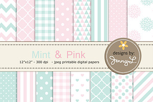 Mint and Pink Digital Papers, a Pattern Graphic by JennyL Designs