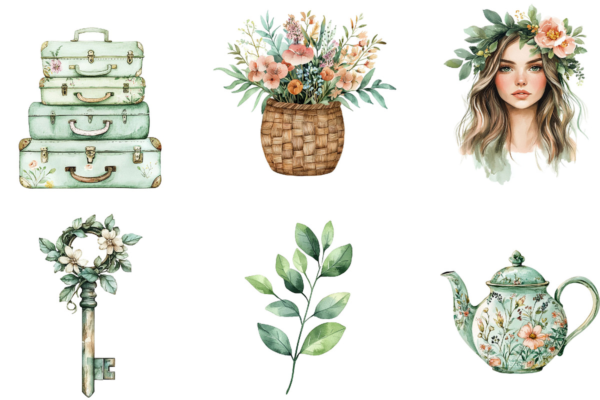 Watercolor Sage Green Boho Life Clip, an Illustration by Designking (Photo 3 of 5)