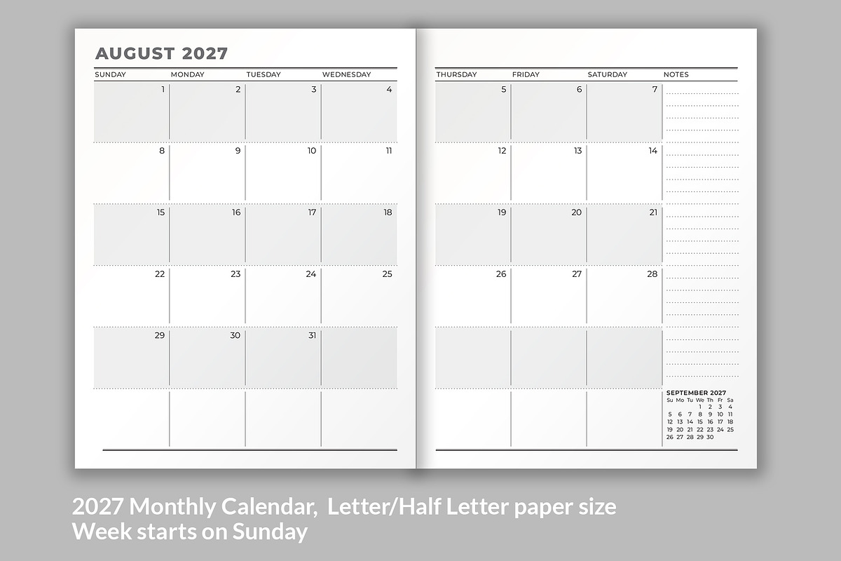 Monthly Planner 2027 (MP043-27), a Stationery Template by mikhailmorosin