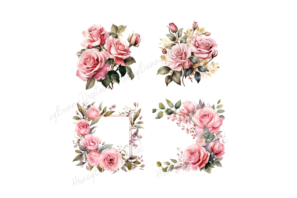 Watercolor Pink Rose Clipart, a Decorative Illustration by HoneyBunnyDigital (Photo 6 of 7)