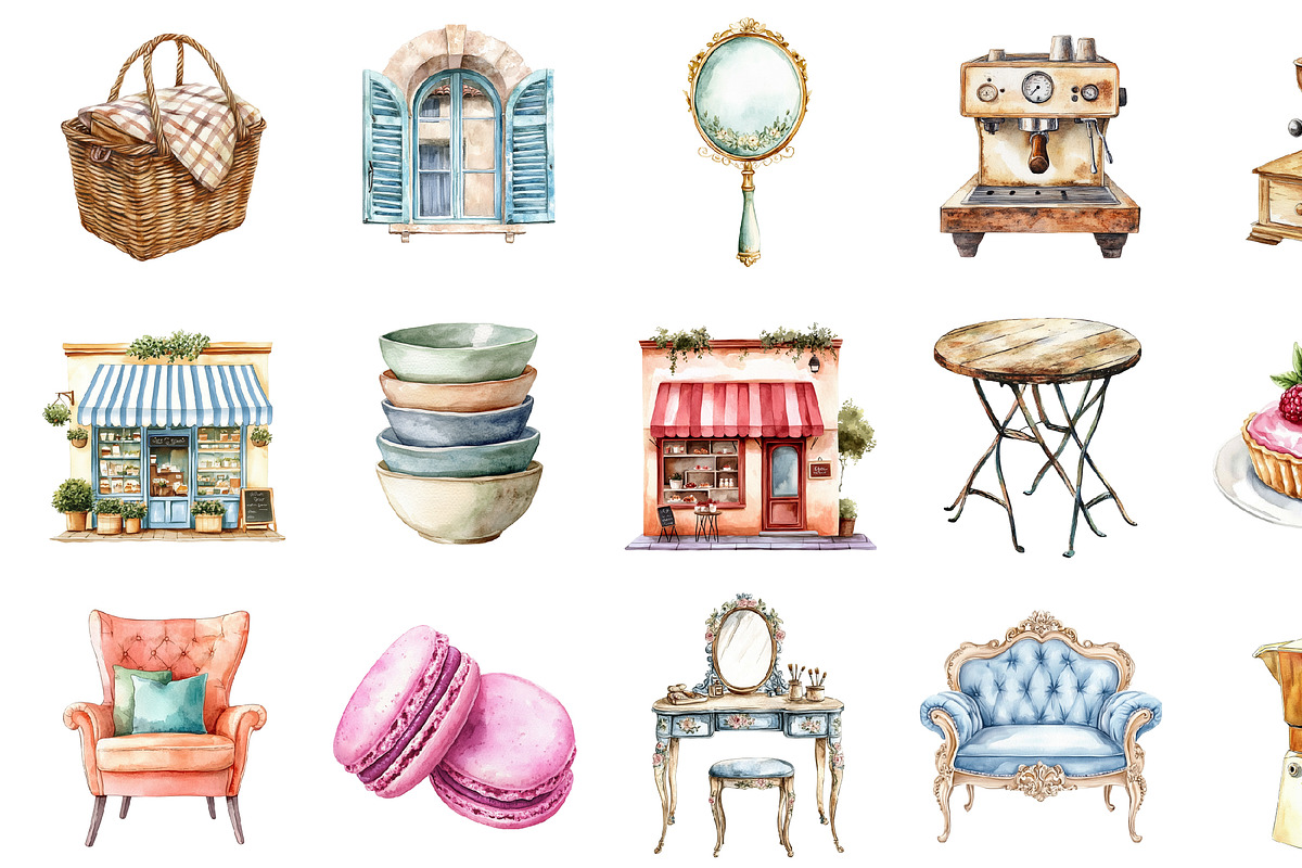 Watercolor Vintage Cafe Clipart, an Illustration by Design Market (Photo 3 of 5)