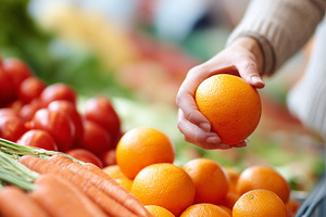 Hand selecting fresh orange from, a Food & Drink Photo by MistyDay