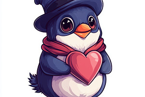 Cute Penguin in Hat Holding Heart Va, an Animal Photo by Pixeness Studio