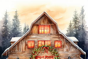 Watercolor Christmas Barn