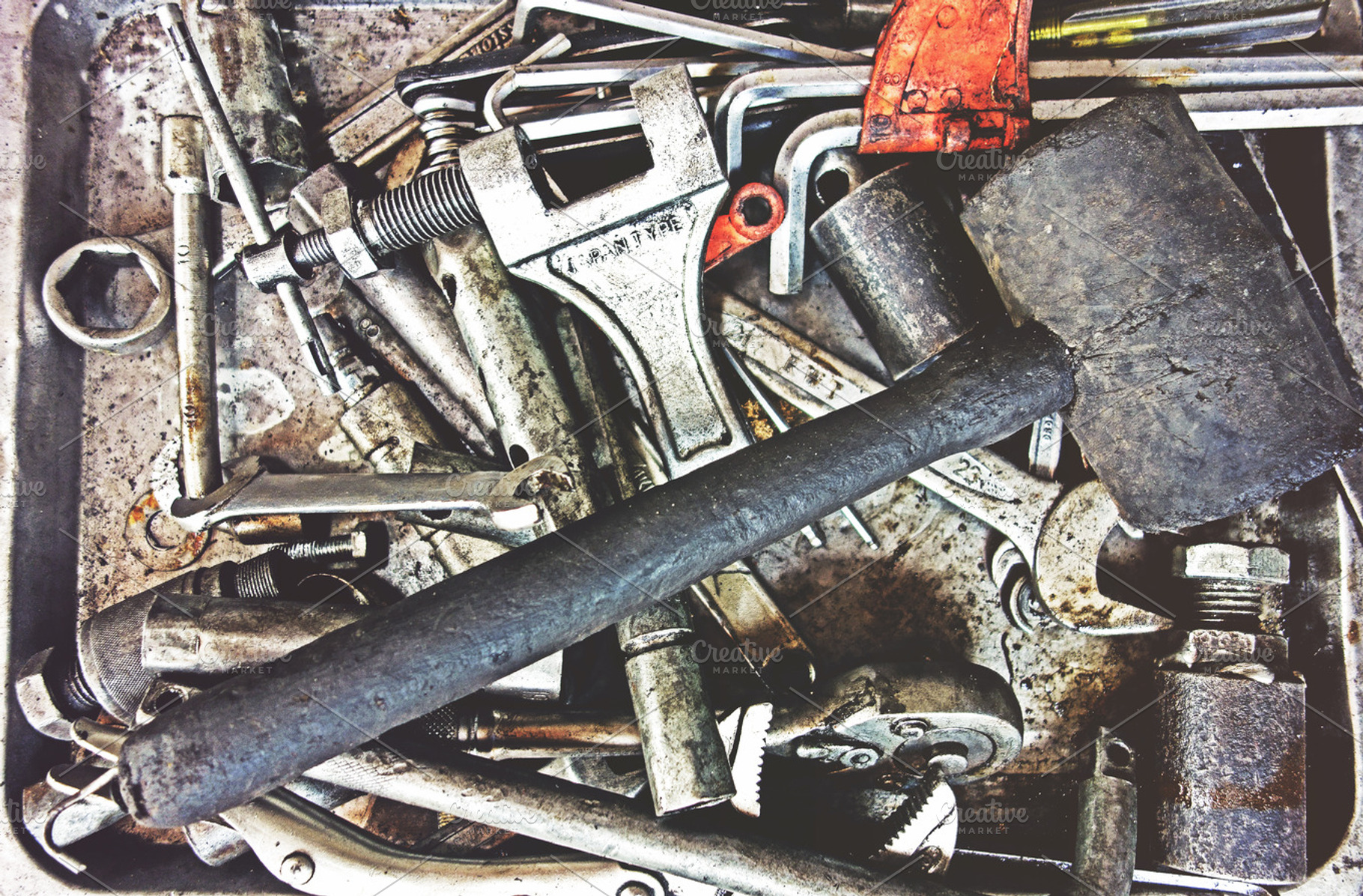 Hammer containing toolbox, hammer, and old