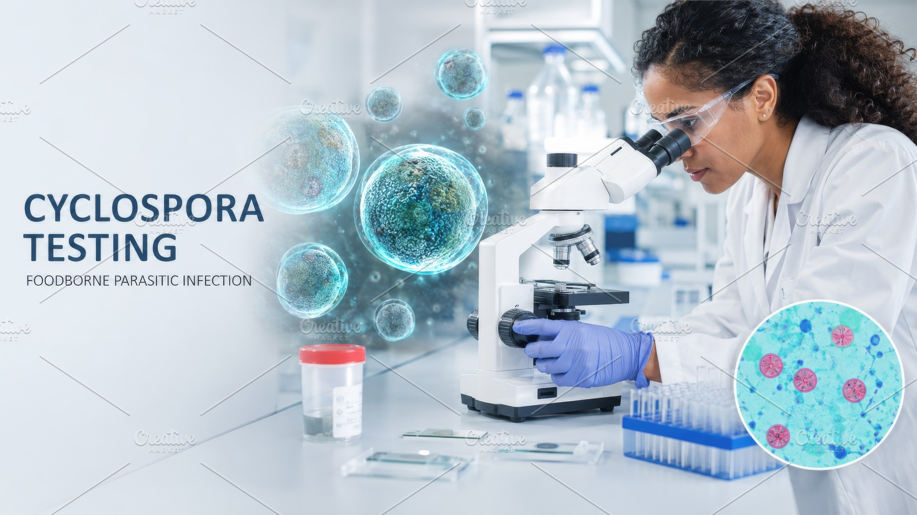 Cyclospora testing in laboratory wit, a Photo by Dvoevnore photos