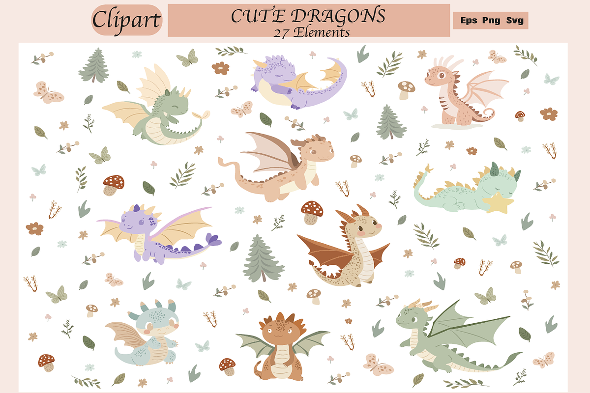 Dragon Clipart, Nursery Art, Pattern, an Animal Illustration by TheHyggeShopDesign (Photo 1 of 3)