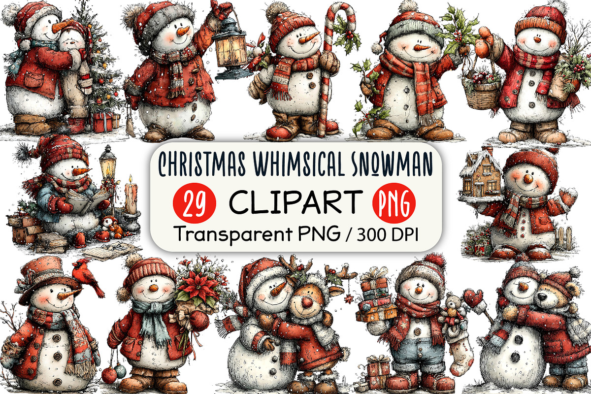Christmas Whimsical Snowman Clipart, a Seasonal Illustration by Black Bird Studio (Photo 1 of 7)