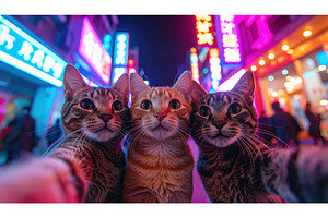 Three cats taking a selfie in neon, an Animal Photo by Igor Tichonow