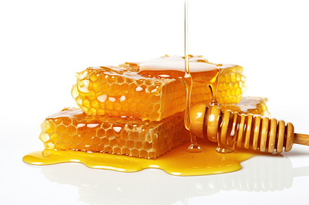 Honeycomb with honey and honey dipper on white background, a Food & Drink Photo by AlyaAnd