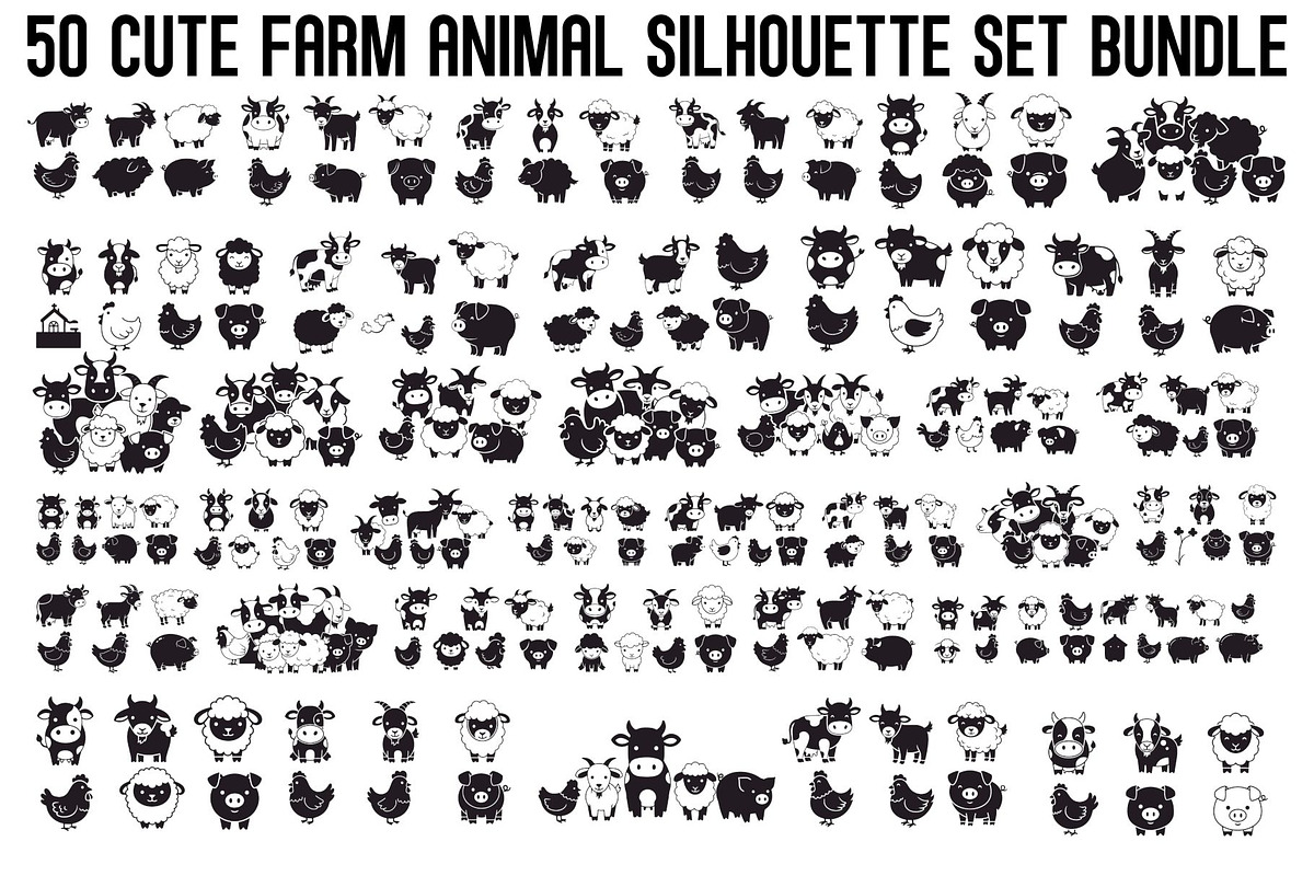 Cute Farm Animal Silhouette Bundle, an Illustration by hafijul (Photo 1 of 51)
