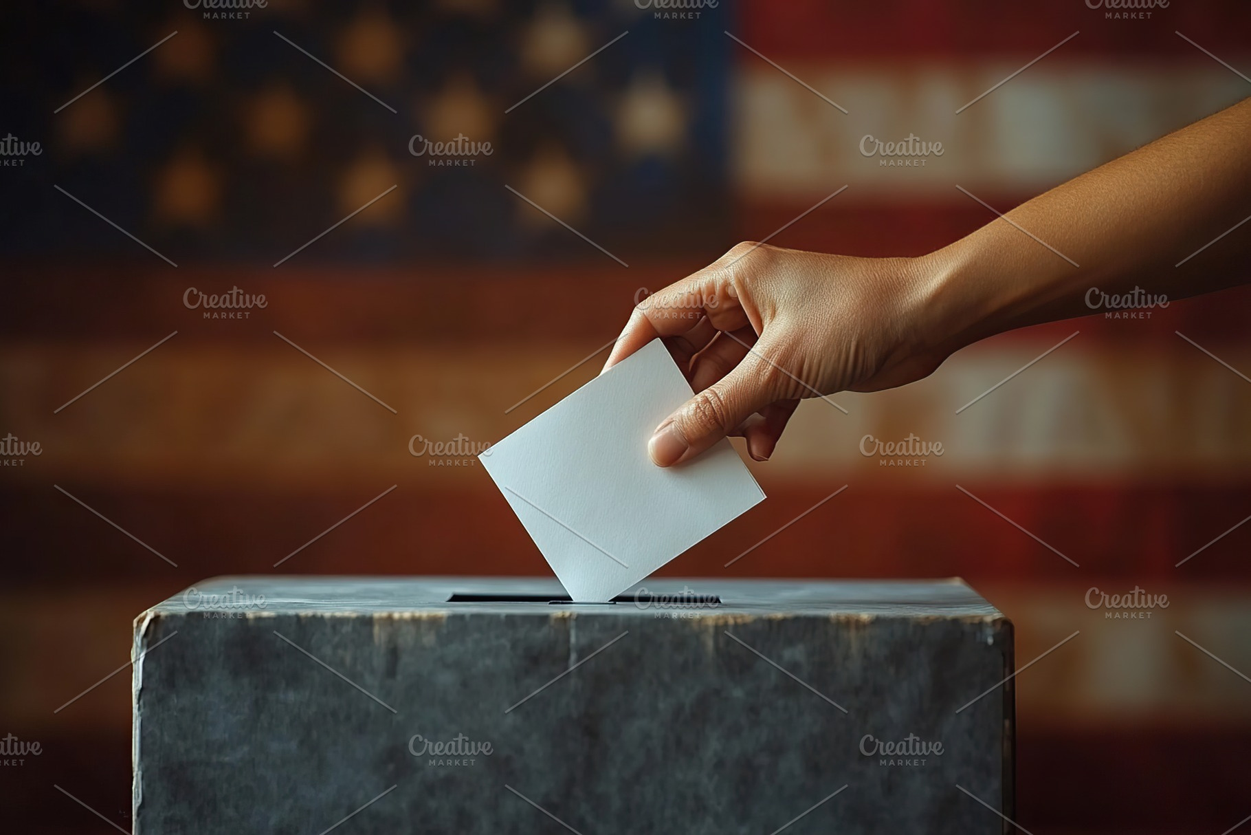 Hand putting vote into ballot box, against the background of the American flag, a Photo by AlyaAnd