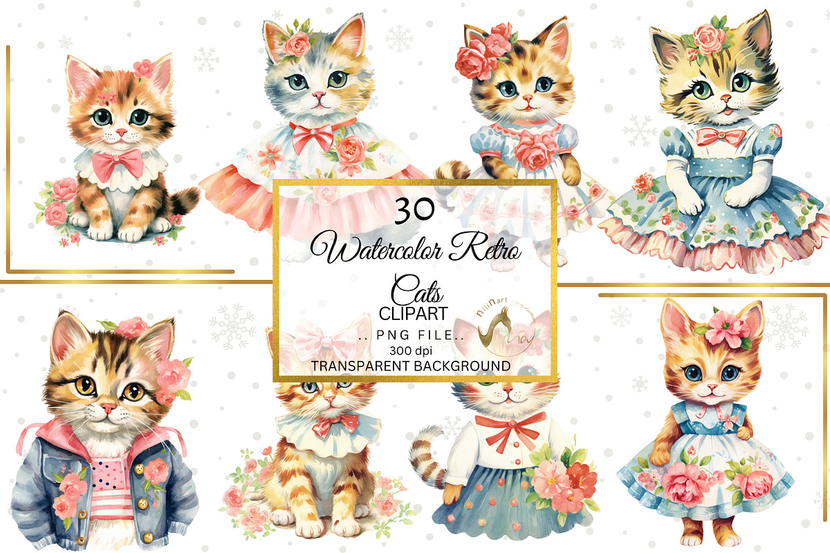 Watercolor Retro Floral Cats Clipart, an Illustration by NiiiNArt (Photo 2 of 6)