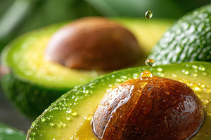 Avocado oil dripping onto fresh avoc, a Photo by Pixeness Studio