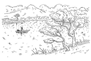 Fisherman on boat. Vintage engraving