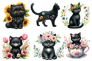 Watercolor Floral Black Cat Clipart, an Illustration by Designworld (Thumbnail 4 of 5)