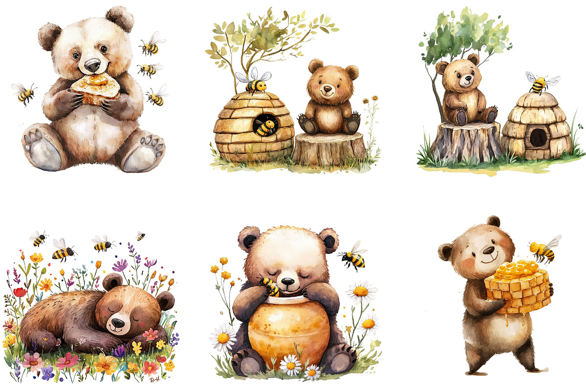 Bear and Bee Watercolor Clipart PNG, a Seasonal Illustration by Designking (Photo 5 of 5)