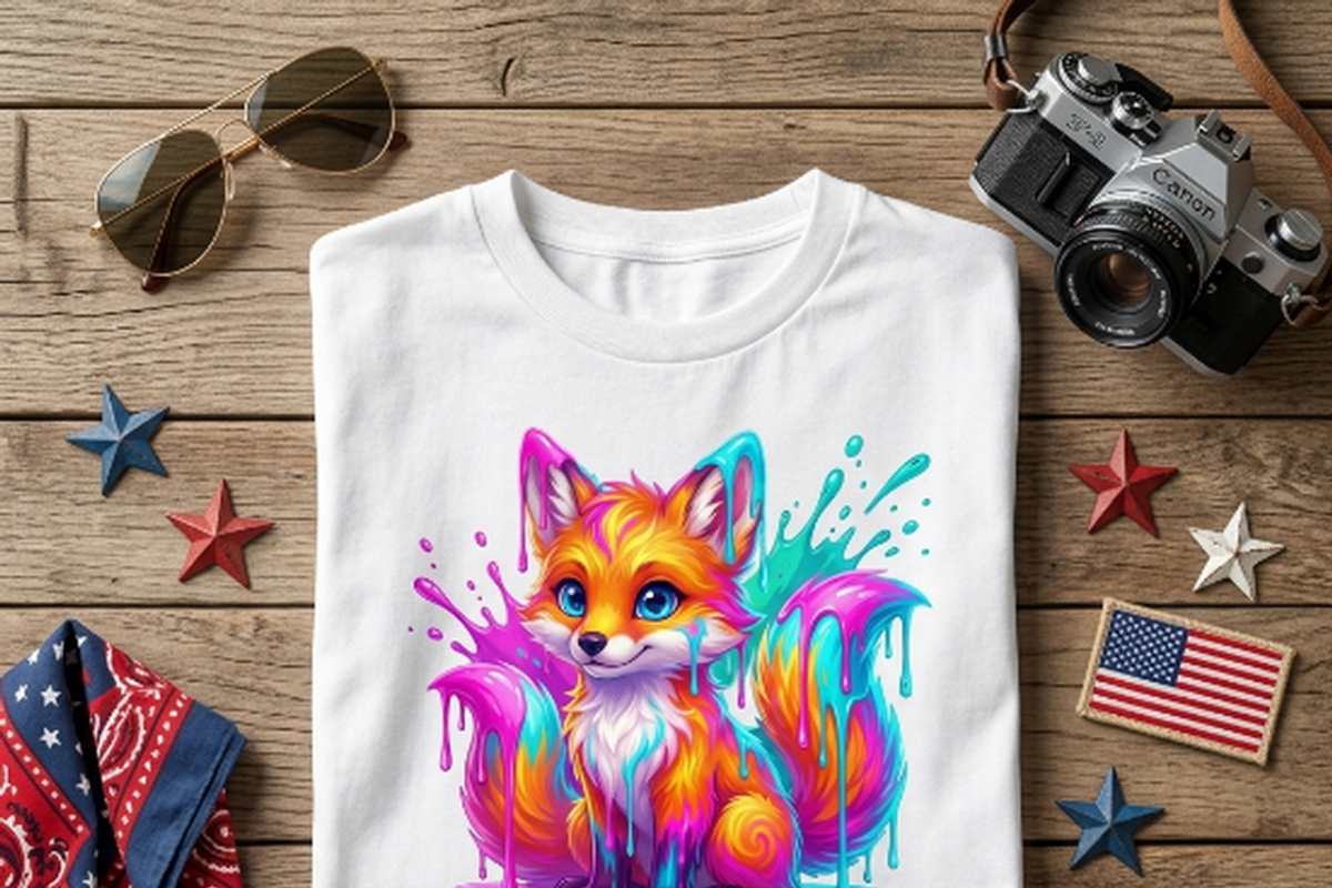 Cute Rainbow Paint Drip Fox, a Shirt Mockup by Vector Stall (Photo 2 of 15)