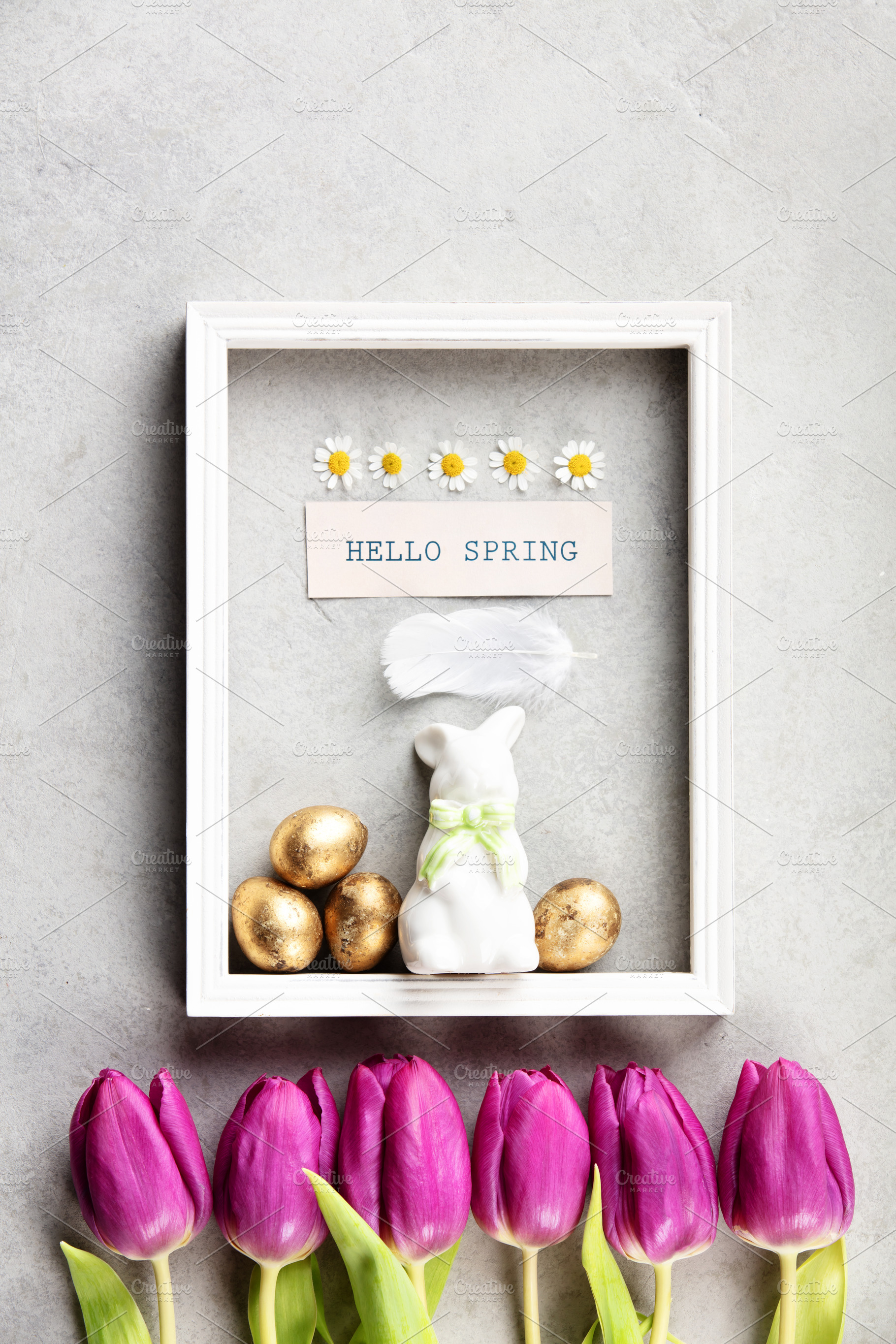 Hello Spring Easter Frame with Bunny Golden Eggs and Tulips, a Holiday Photo by Natalia Klenova's Shop