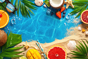 Tropical Flat Lay with Fruits and Ocean Water, a Sports & Recreation Photo by Davizro's Market