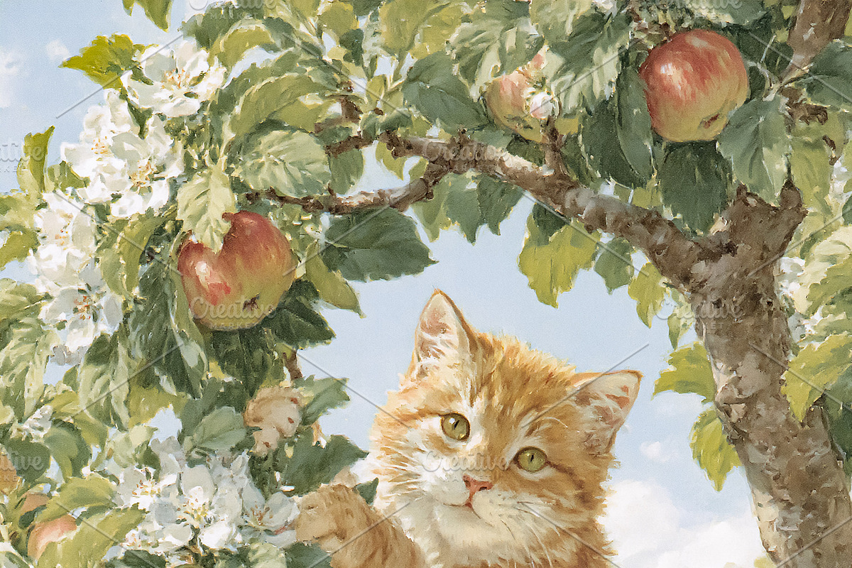 Ginger kittens playing among apple tree blossoms and fruits, dep, an Illustration by Studio ANNA