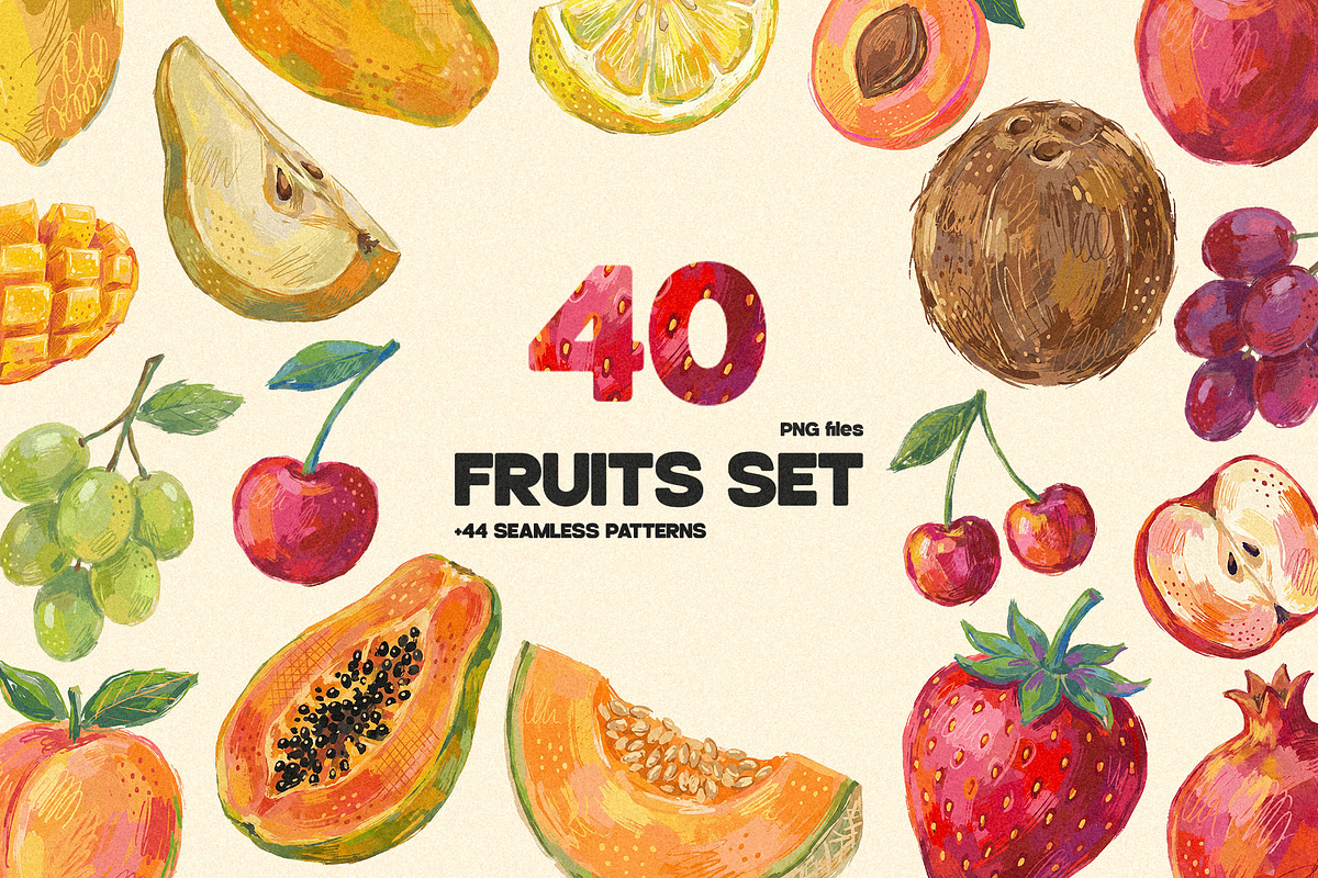 40 Fruits Set + 44 Seamless Patterns, a Food Illustration by colorituals (Photo 1 of 5)