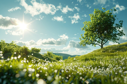 A vibrant landscape with a single tr, a Photo by LOGOCREATIVE