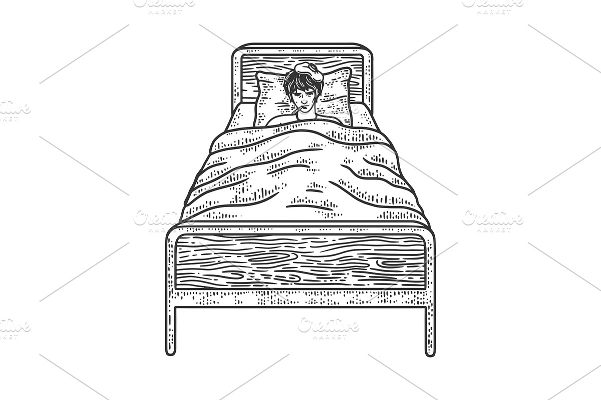 sick man lies in bed sketch vector, a Healthcare Illustration by AlexArt