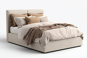 Beige Upholstered Bed with Brown Pil, a Photo by Pixeness Studio