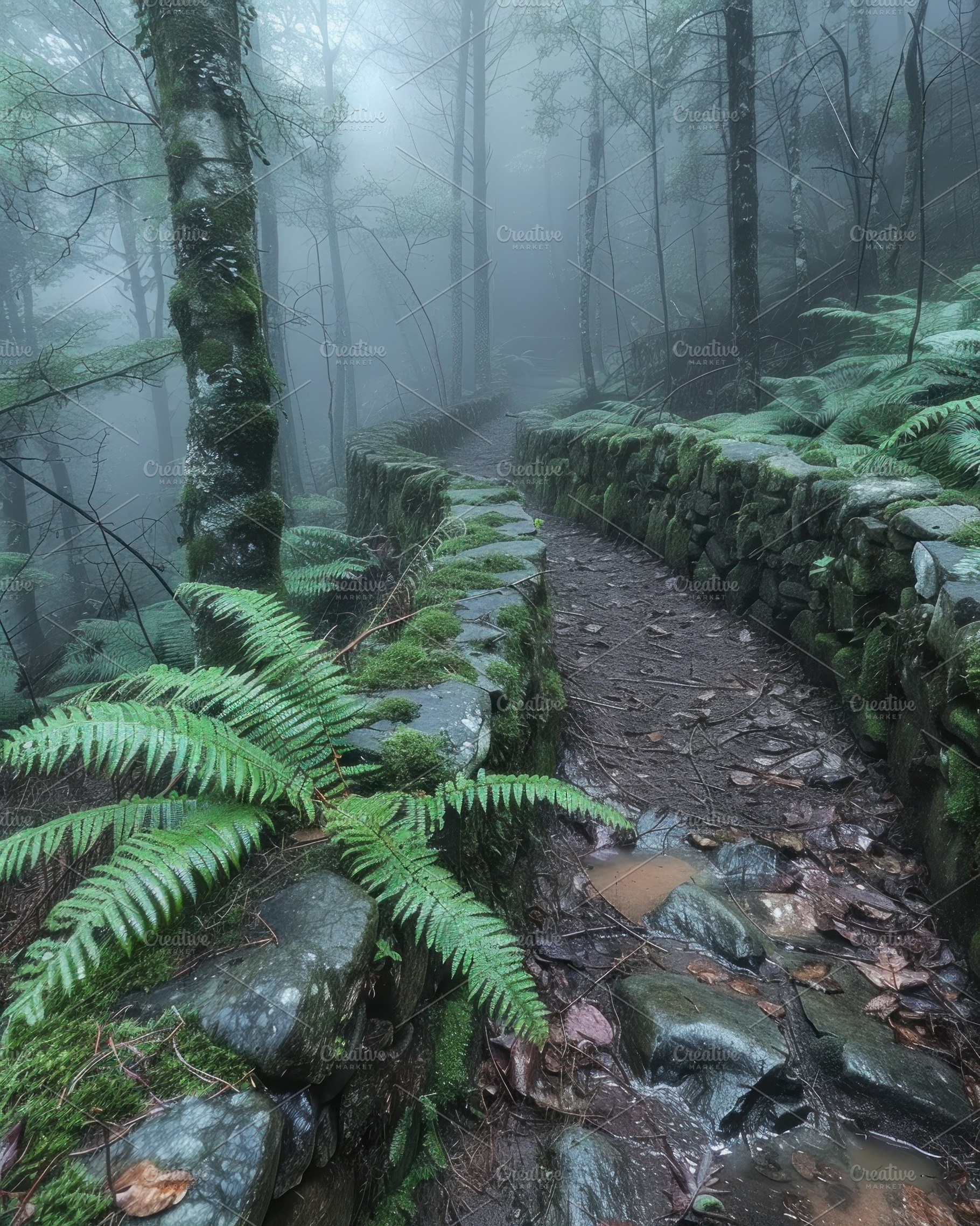 Misty stone path winding through lush green forest with moss cov, a Photo by José Manuel Gelpi
