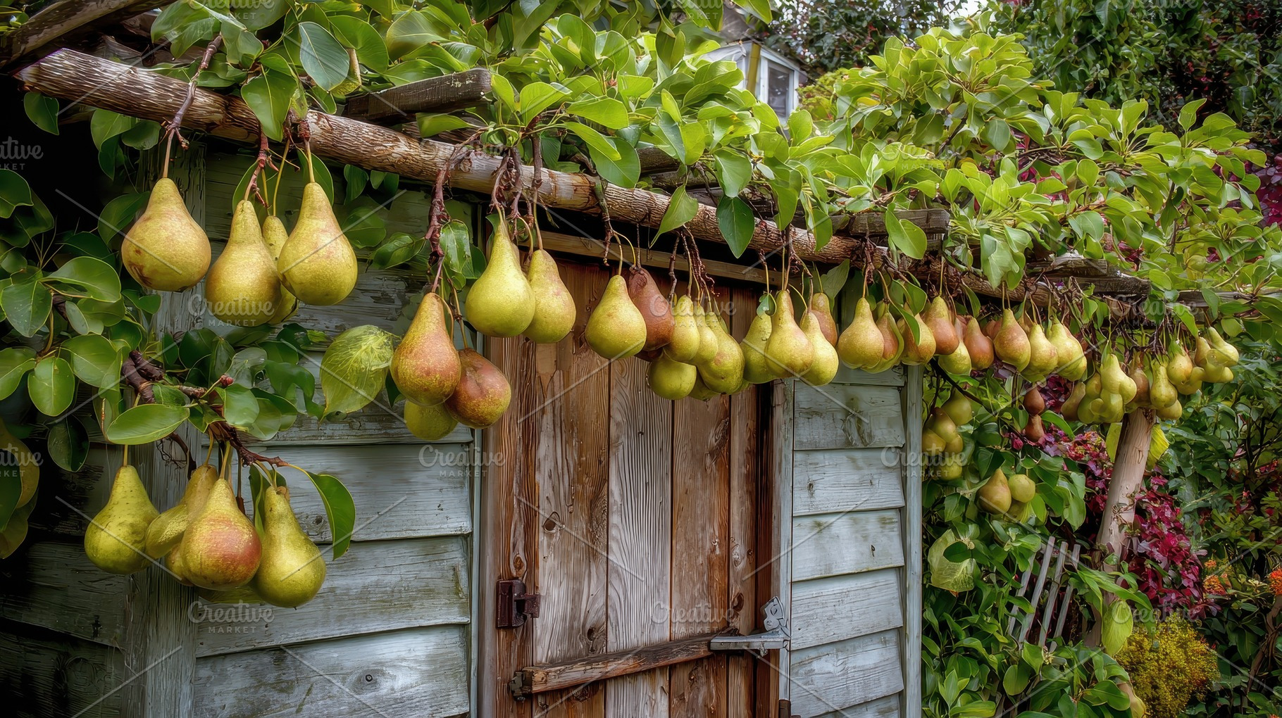 Pears growing on a wooden trellis, a Photo by Pavel_design