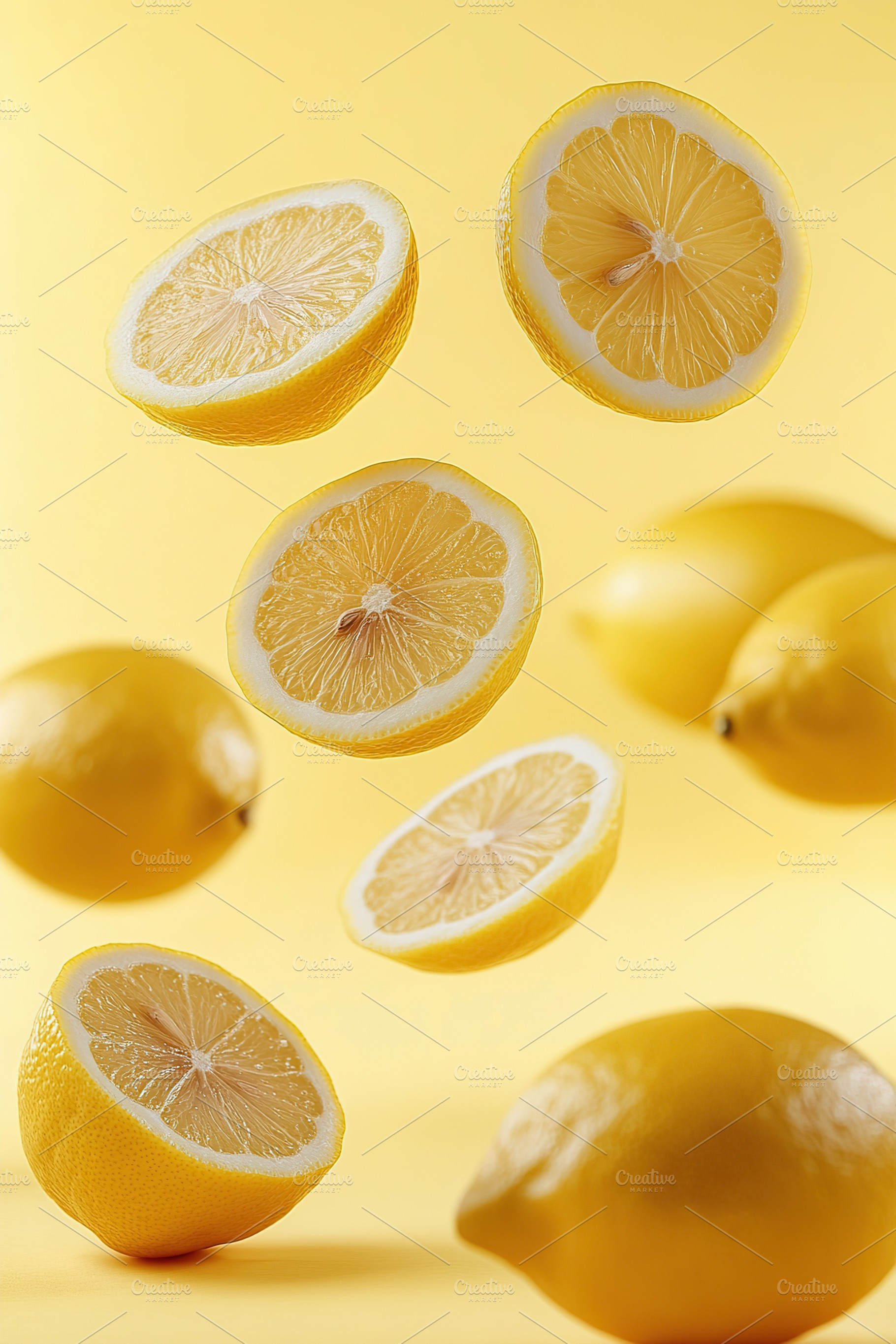 Lemons floating in the air against a bright yellow background creating a vibran, a Food & Drink Photo by AlyaAnd