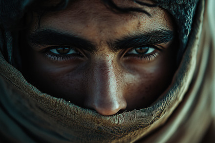 A close-up portrait of a young arabic person with intense eyes, partially cover, a Person Photo by Textures & Backgrounds