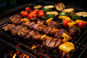 BBQ marinated meat with vegetables on the grill, a Food & Drink Photo by AlyaAnd
