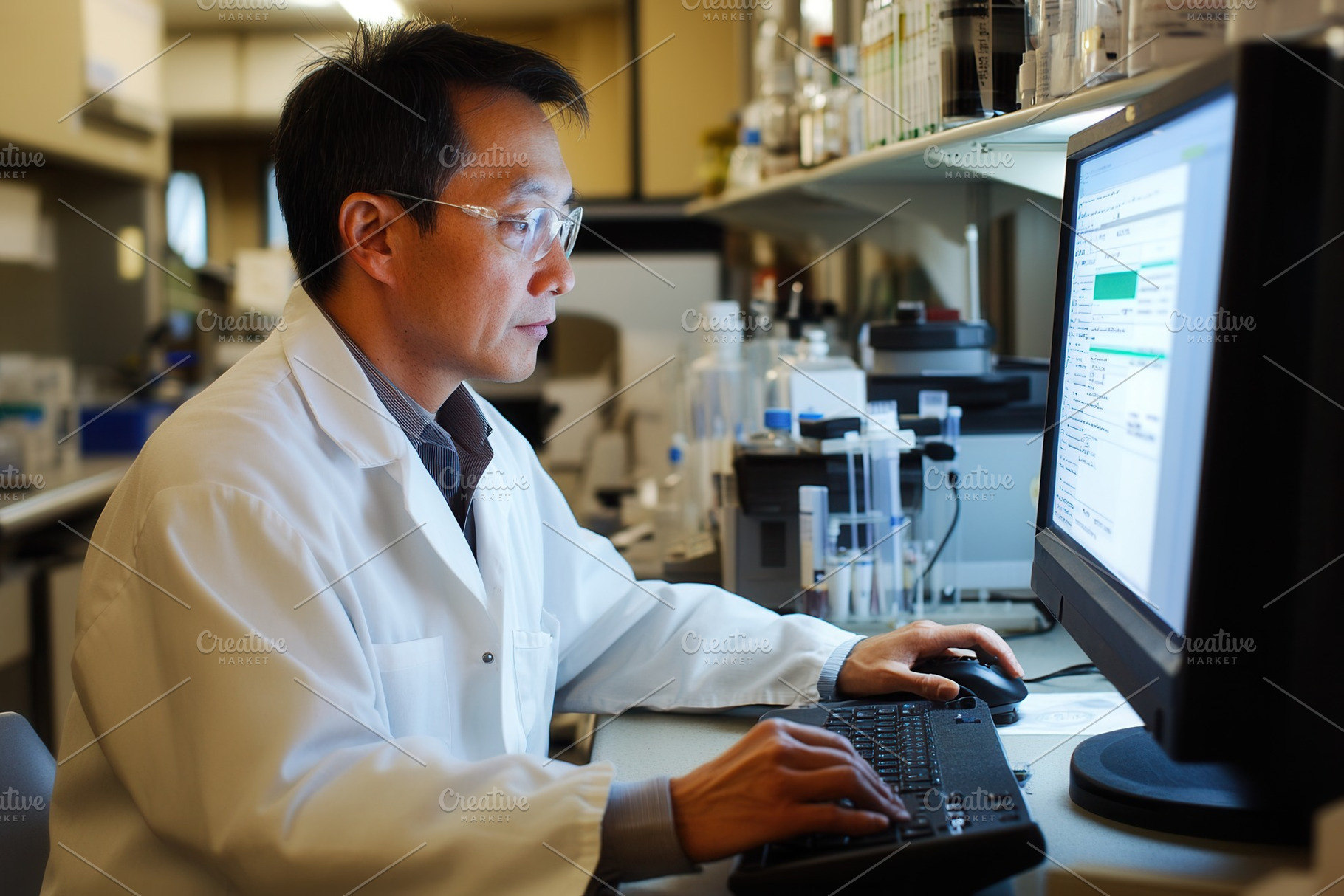 Scientist analyzes data on computer, a Photo by Pavel_design