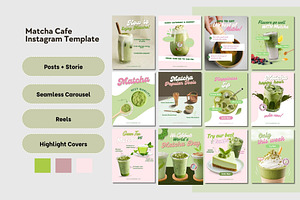 Matcha Cafe Instagram Bundle, a Social Media Template by CreativeTempHub