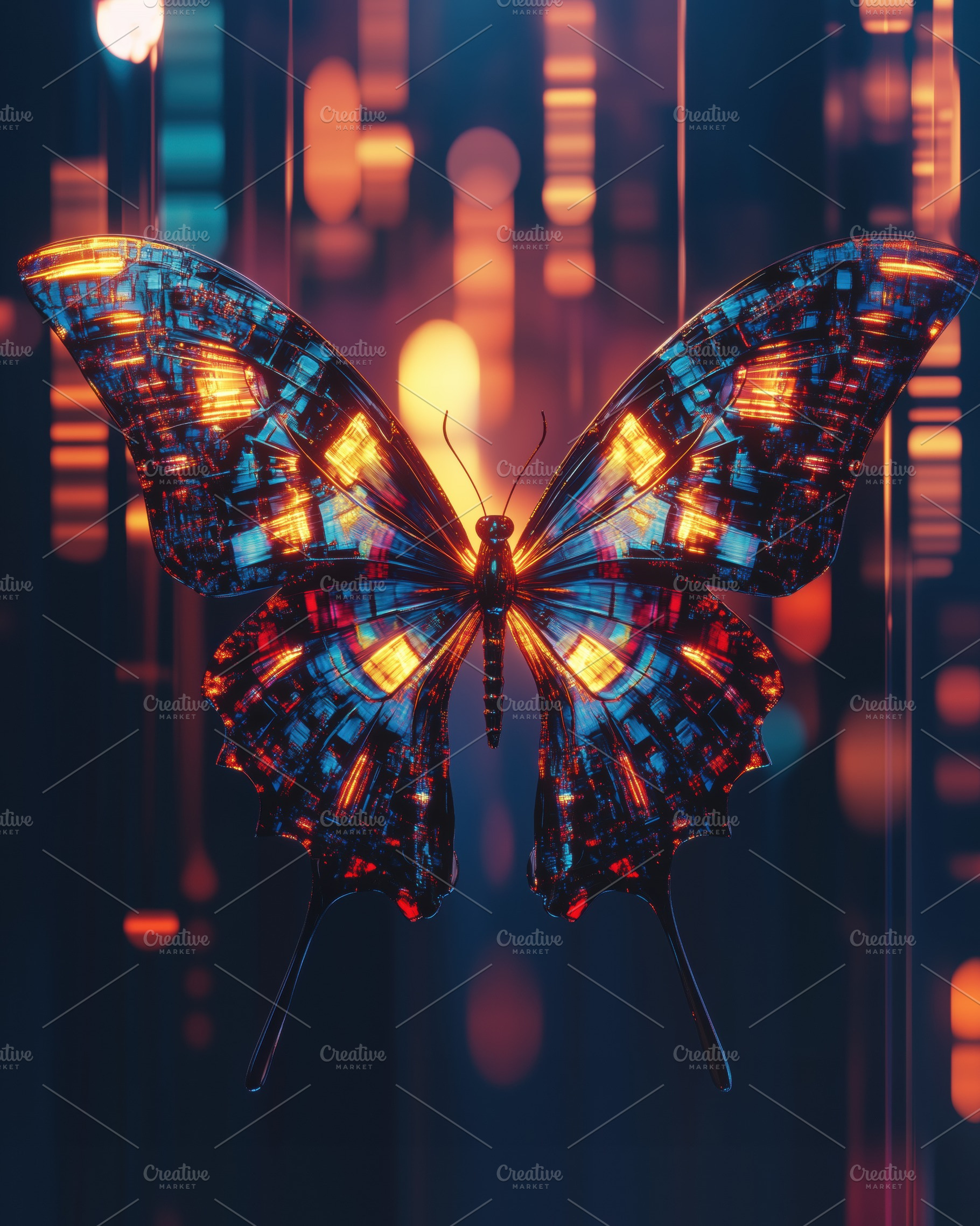 A digitally rendered butterfly with a futuristic design, featuring glowing patt, an Animal Photo by Textures & Backgrounds