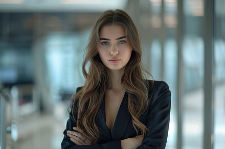 Young business woman in business suit standing on blurred office background, a Person Photo by AlyaAnd
