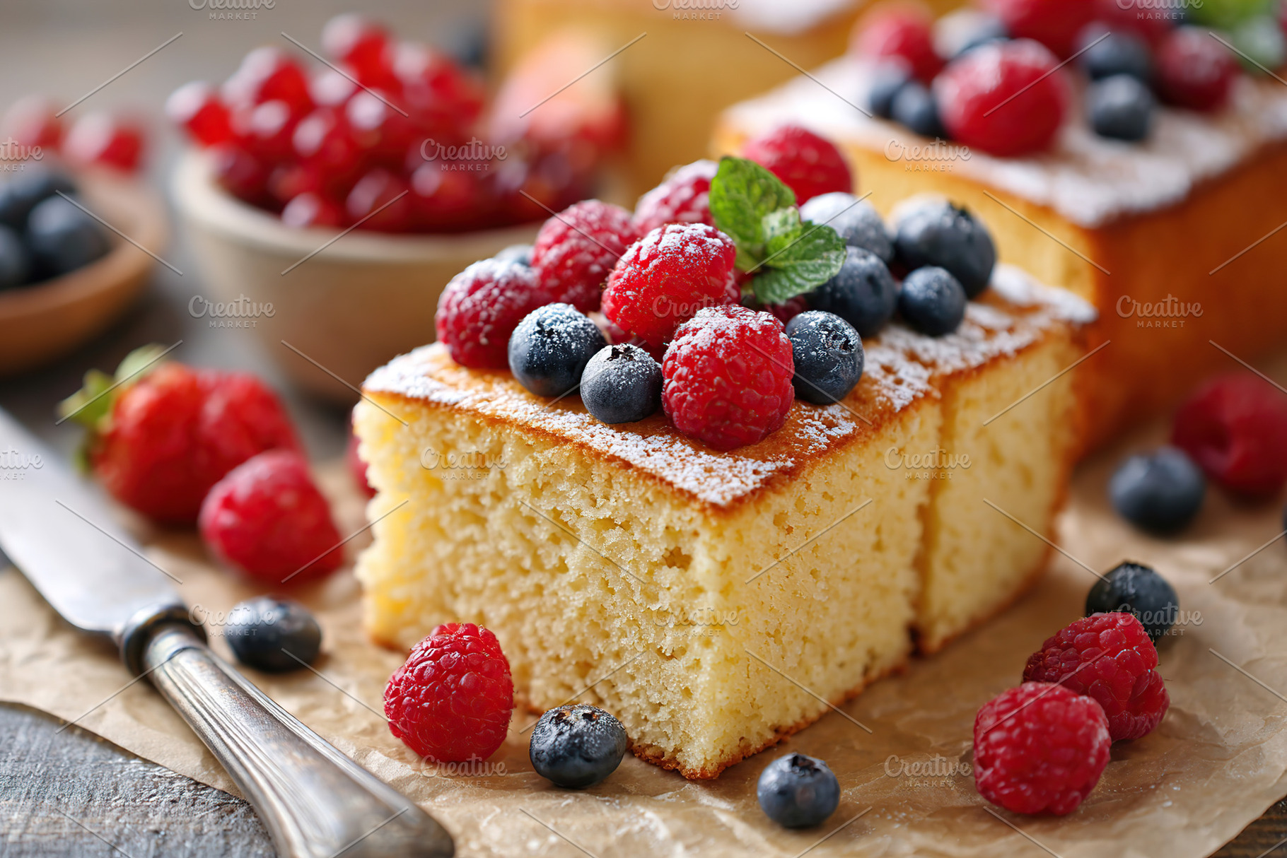 Fluffy sponge cake decorated with vibrant berries on a rustic table setting, a Food & Drink Photo by AlyaAnd