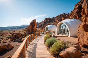 Nomads co-living in solar-powered domes amidst stunning rocky landscape, a Photo by AlyaAnd