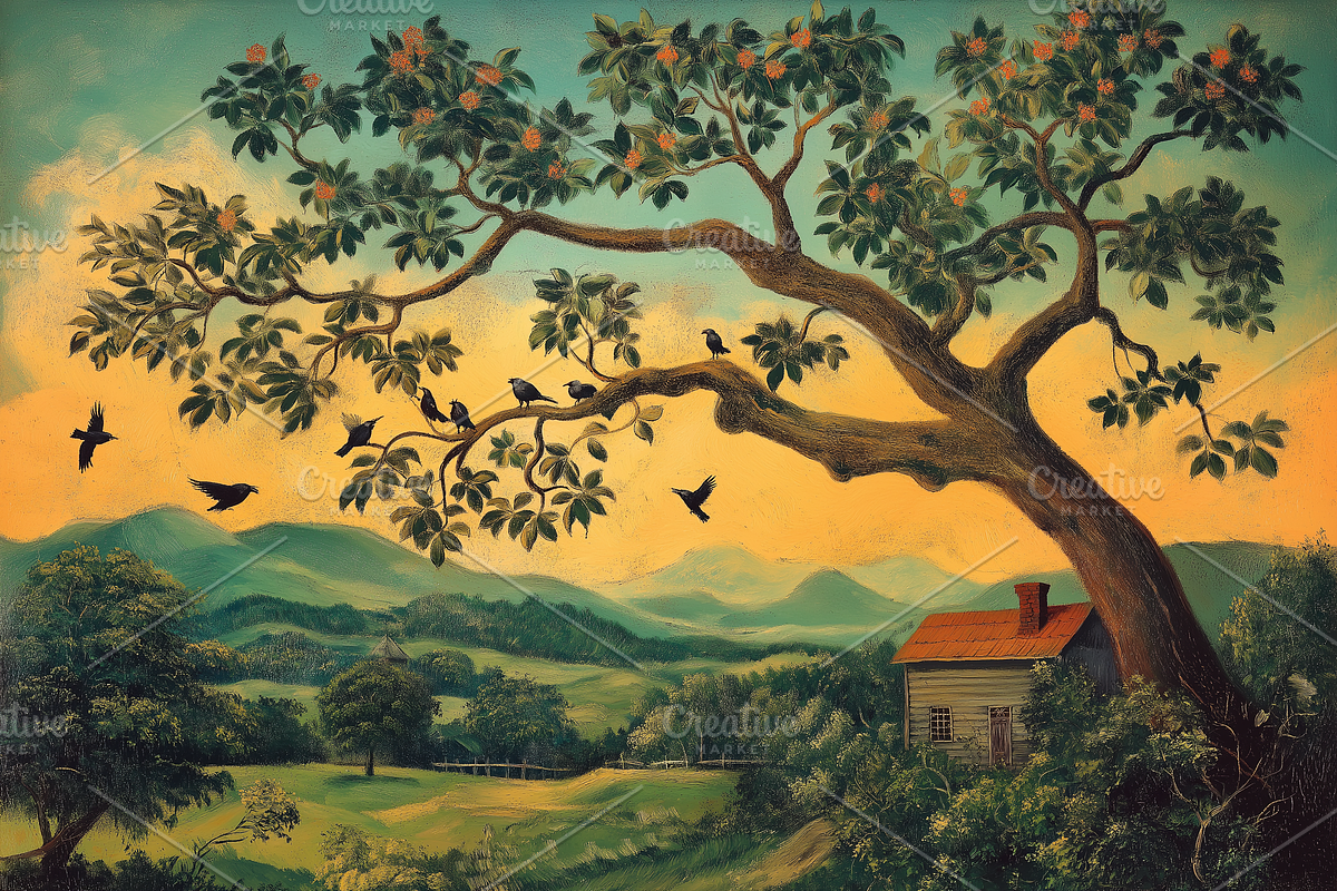 Folk Art Tree of Birds with Cabin, an Illustration by Art Paradise Studios