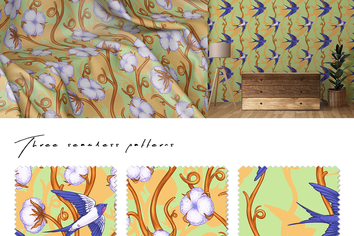 Cotton & Swallow Seamless Patterns, a Decorative Illustration by Liiafis (Photo 2 of 16)