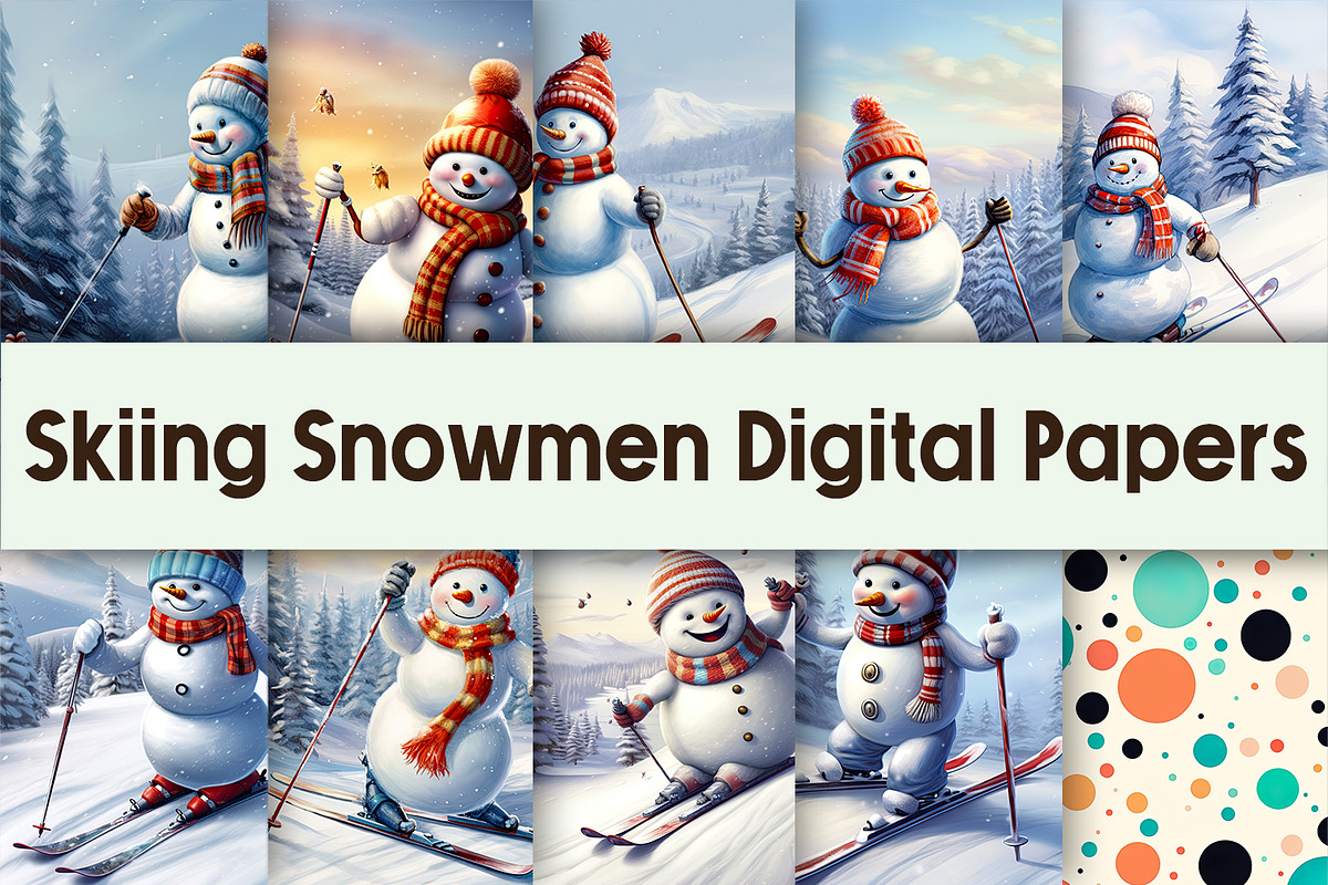 Skiing Snowmen Digital Papers, a Background Graphic by AdriOP