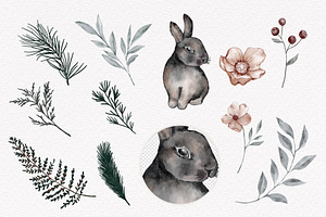 Winter Floral Christmas Bunny Birds