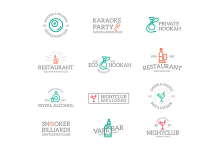 Set of retro vintage night club, karaoke, disco logo or insignia, emblems, labels and badges and other branding objects. Vector line style, a Branding & Logo Template by GraphiShop