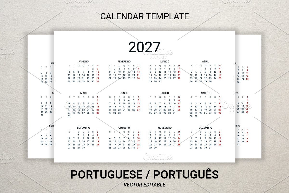 2027 calendar template in Portuguese, a Stationery Template by Ederella (Photo 1 of 2)