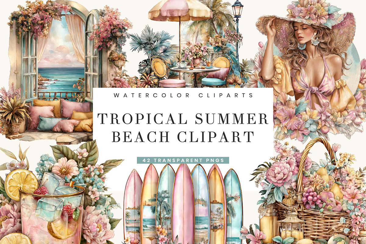 Tropical Summer Beach Clipart, a Seasonal Illustration by BusyDaydesign (Photo 1 of 9)